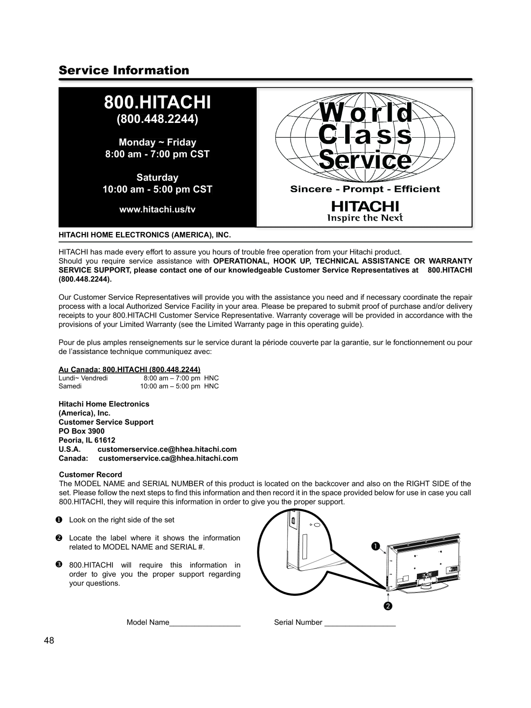 Hitachi L46S603 Service Information, 800.448.2244, Hitachi Home Electronics America, Inc, Au Canada 800.HITACHI 