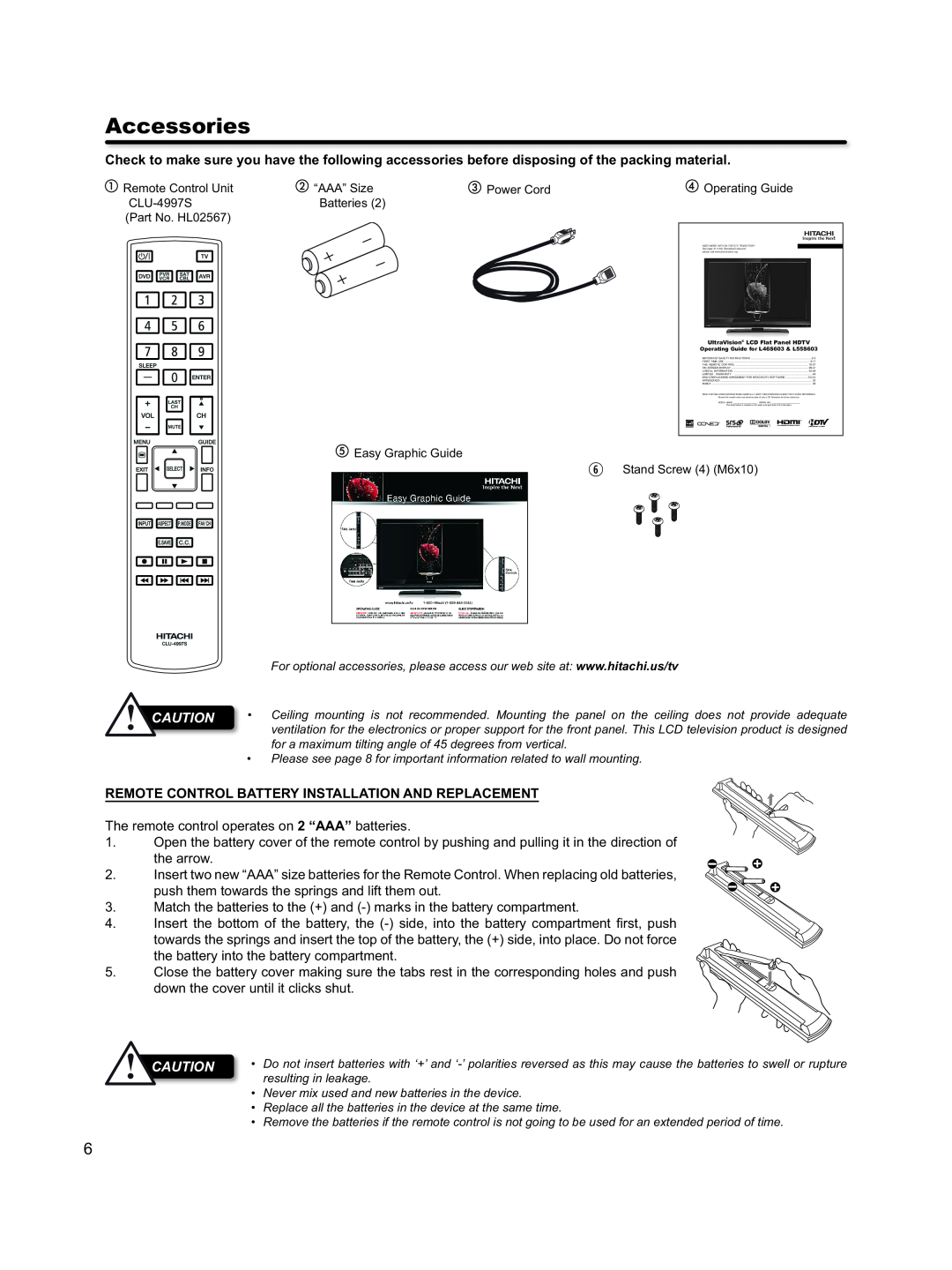 Hitachi L46S603 important safety instructions Accessories, Remote Control Battery Installation And Replacement 