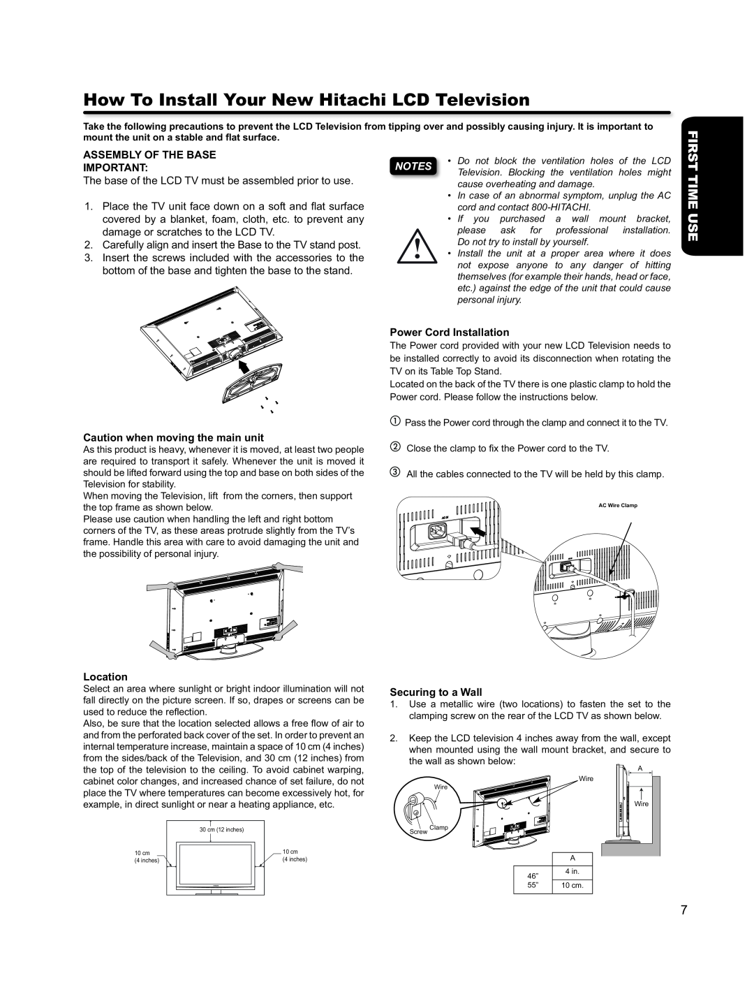 Hitachi L46S603 How To Install Your New Hitachi LCD Television, Time Use, Assembly Of The Base, Location 