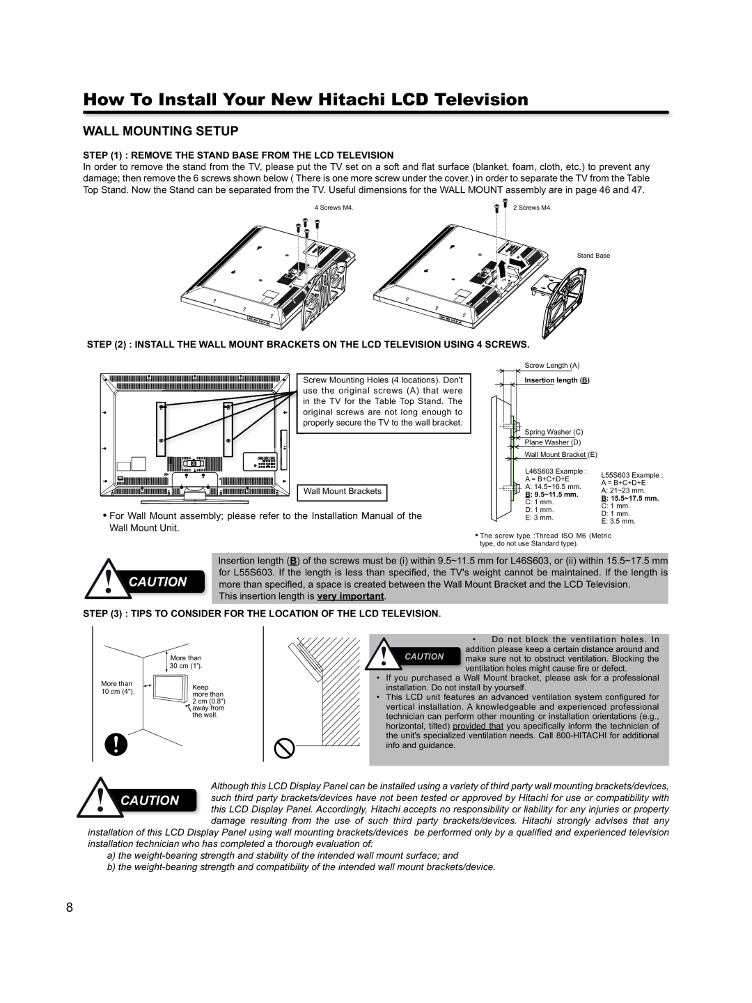 Hitachi L46S603 important safety instructions Wall Mounting Setup, How To Install Your New Hitachi LCD Television 