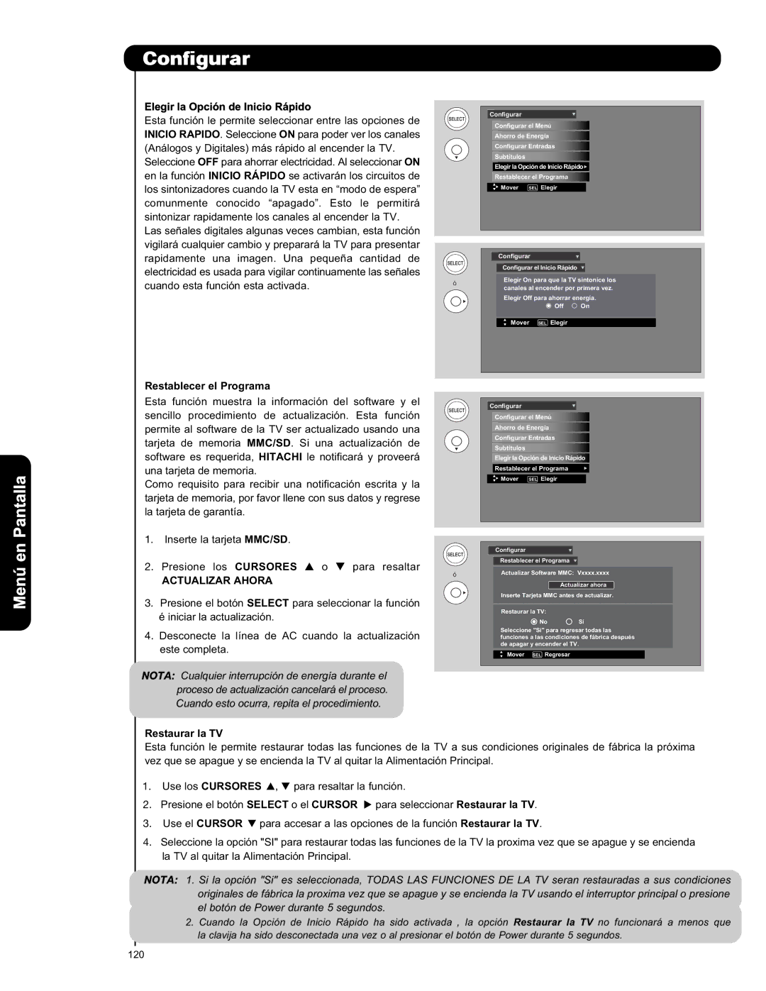 Hitachi L47S601 Elegir la Opción de Inicio Rápido, Restablecer el Programa, Actualizar Ahora, Restaurar la TV 