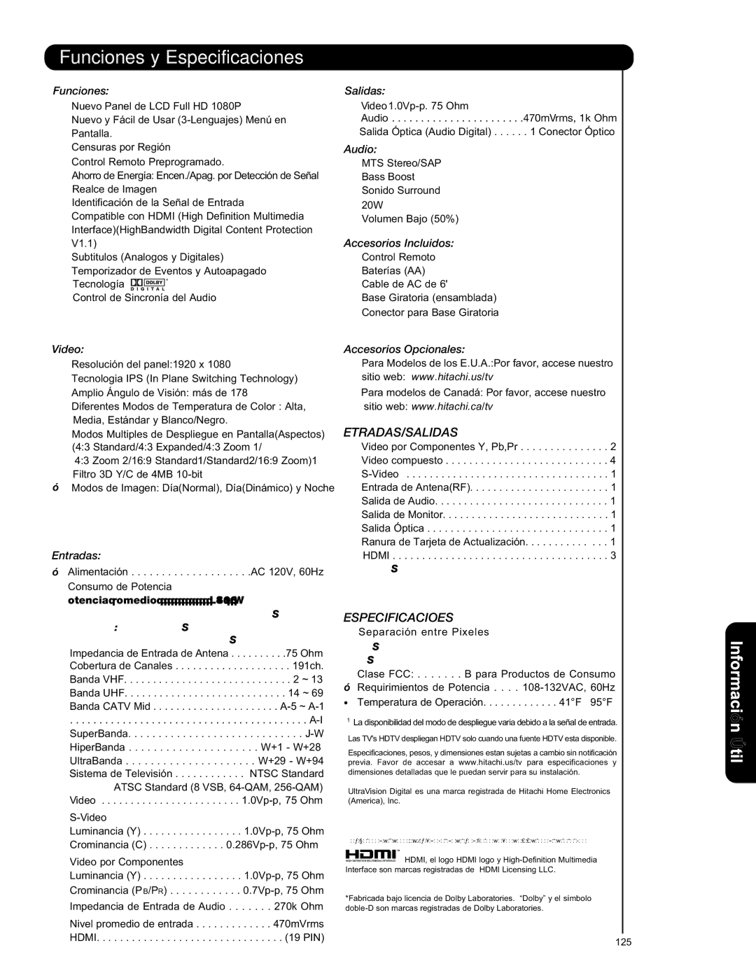 Hitachi L47S601 important safety instructions Entradas/Salidas 