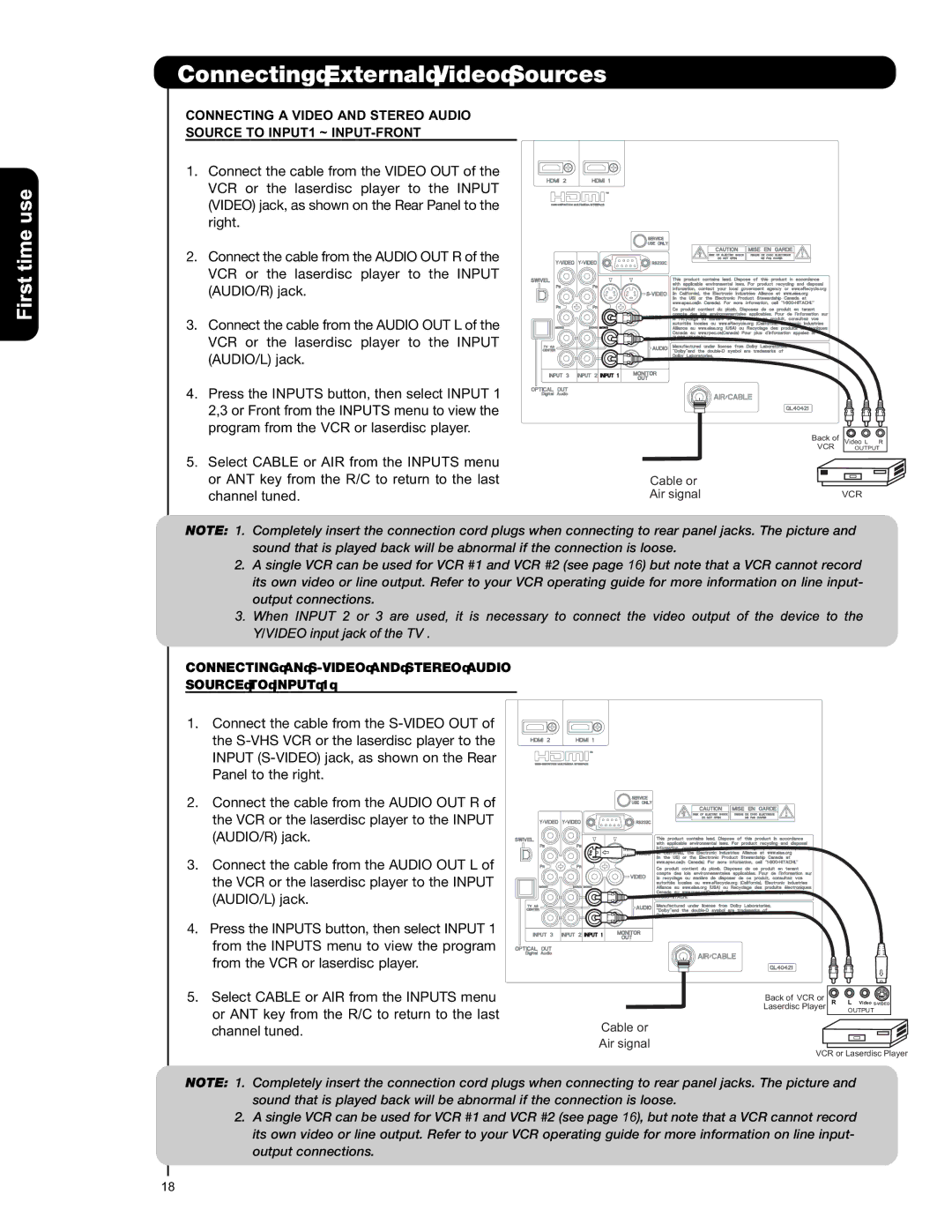 Hitachi L47S601 important safety instructions First time use, Connecting AN S-VIDEO and Stereo Audio Source to Input 