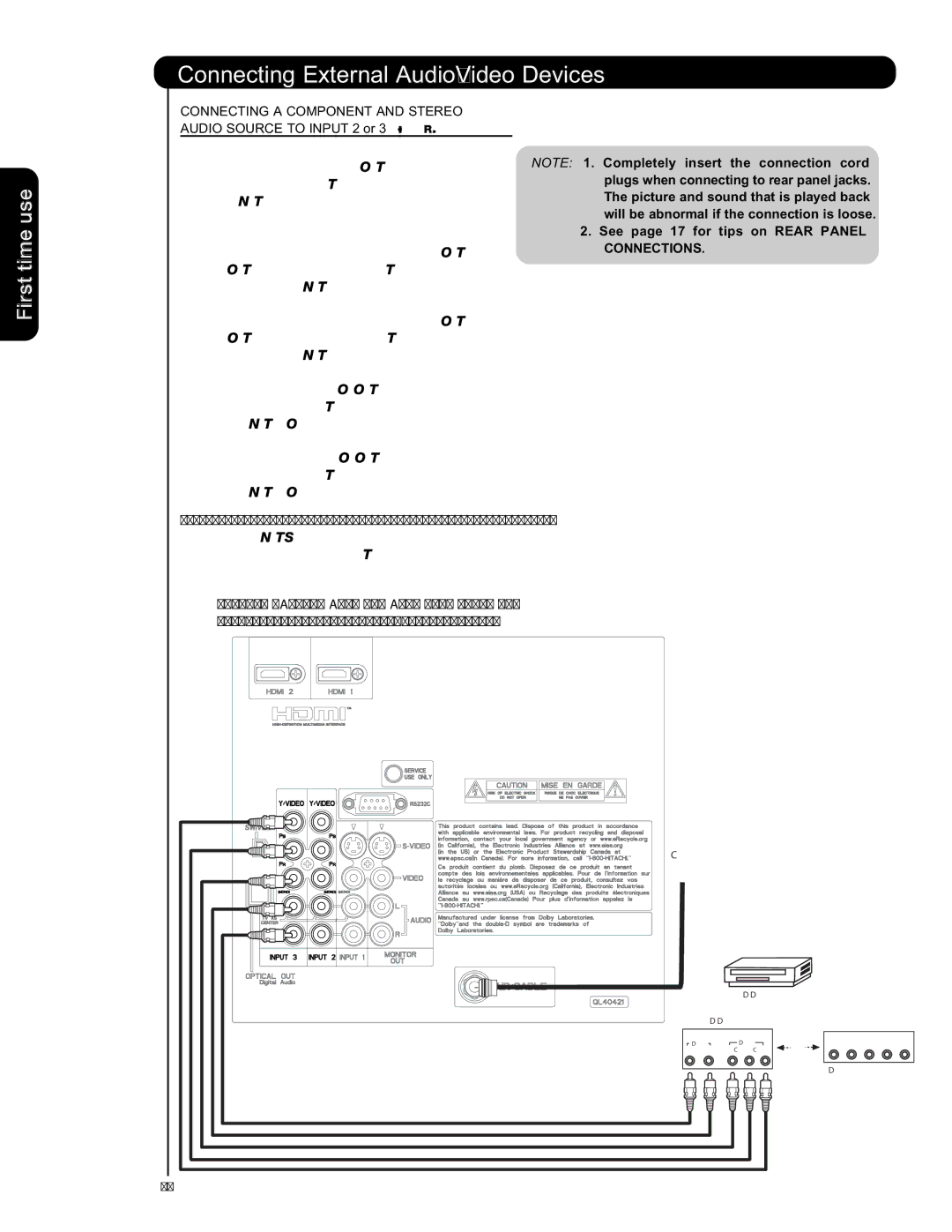 Hitachi L47S601 important safety instructions Connecting External Audio/Video Devices 