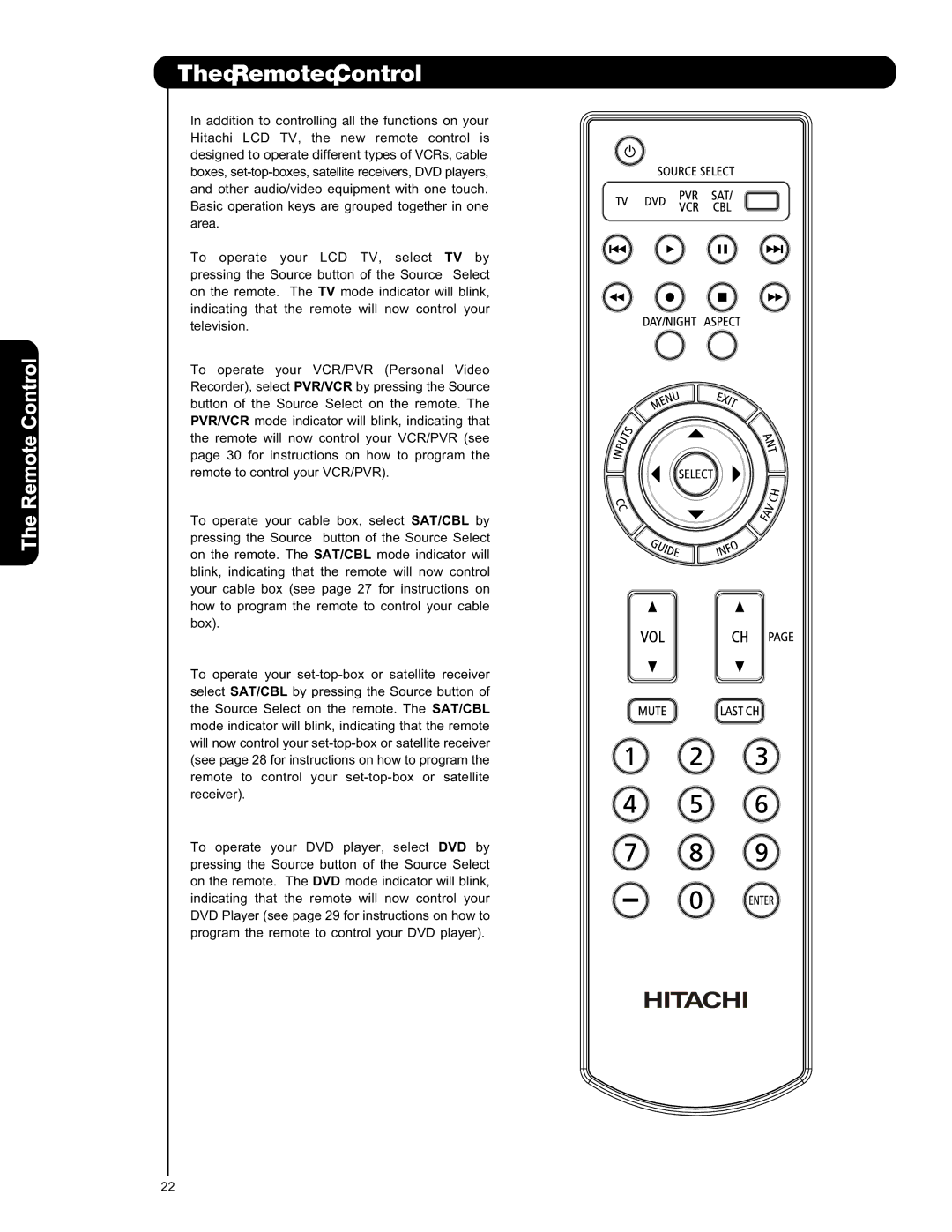 Hitachi L47S601 important safety instructions Remote Control 