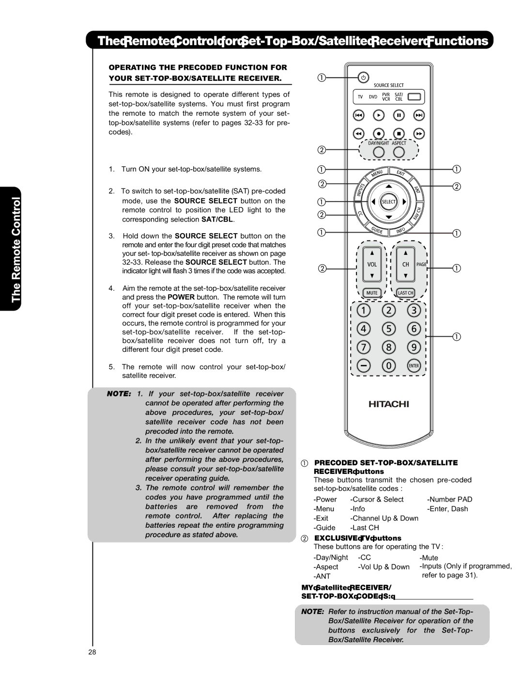 Hitachi L47S601 Remote Control for Set-Top-Box/Satellite Receiver Functions, MY Satellite Receiver, SET-TOP-BOX Code is 