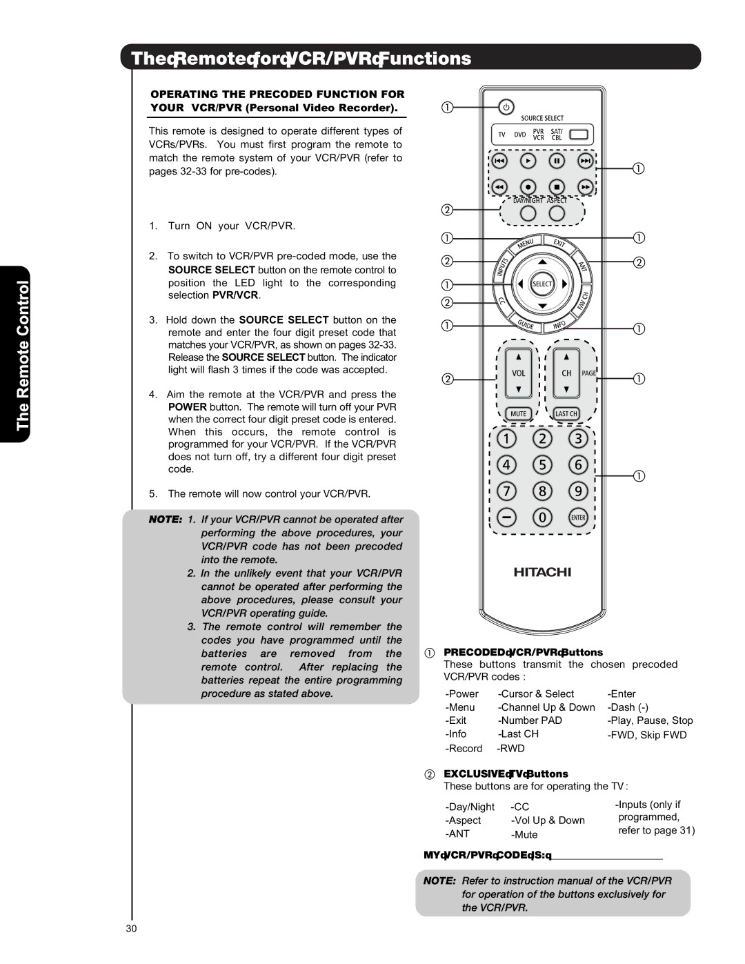 Hitachi L47S601 important safety instructions Remote for VCR/PVR Functions, Precoded VCR/PVR Buttons, MY VCR/PVR Code is 