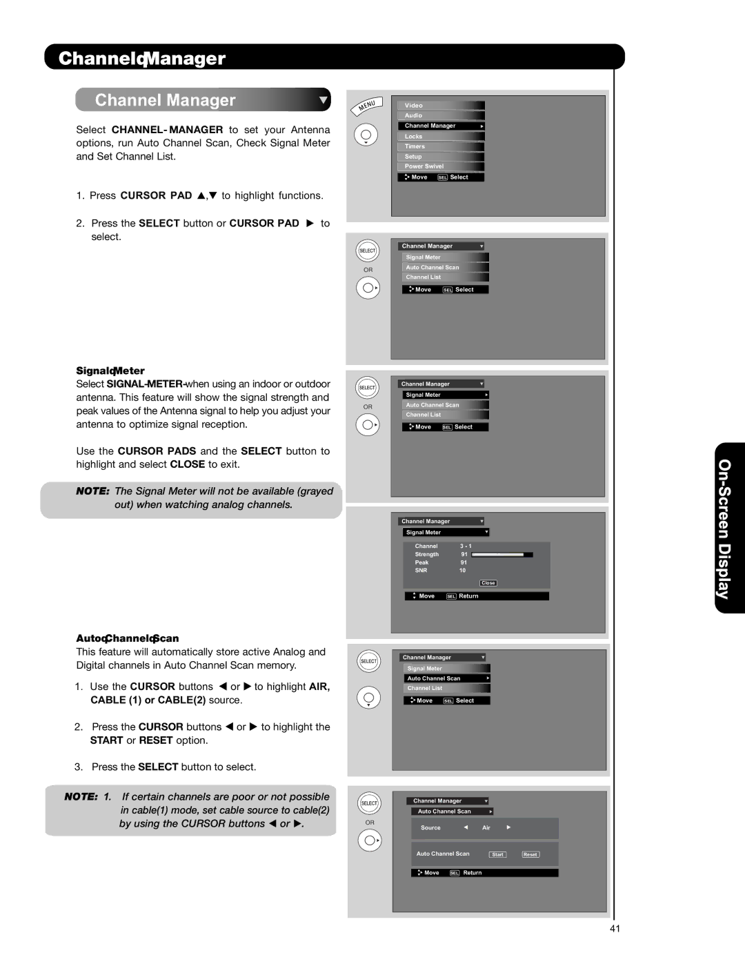 Hitachi L47S601 important safety instructions Channel Manager, Signal Meter, Auto Channel Scan 