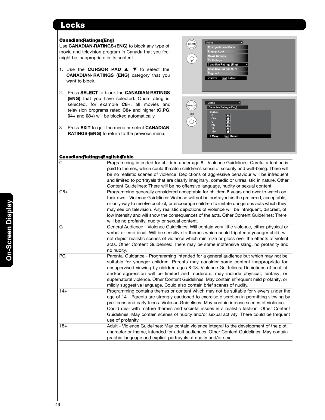 Hitachi L47S601 important safety instructions Canadian Ratings English Table 