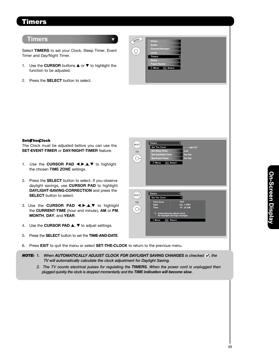 Hitachi L47S601 important safety instructions Timers, Set The Clock 