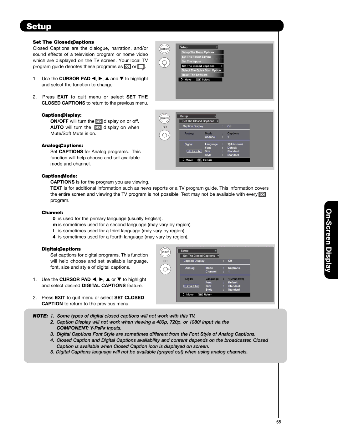 Hitachi L47S601 Set The Closed Captions, Caption Display, Analog Captions, Caption Mode, Channel, Digital Captions 