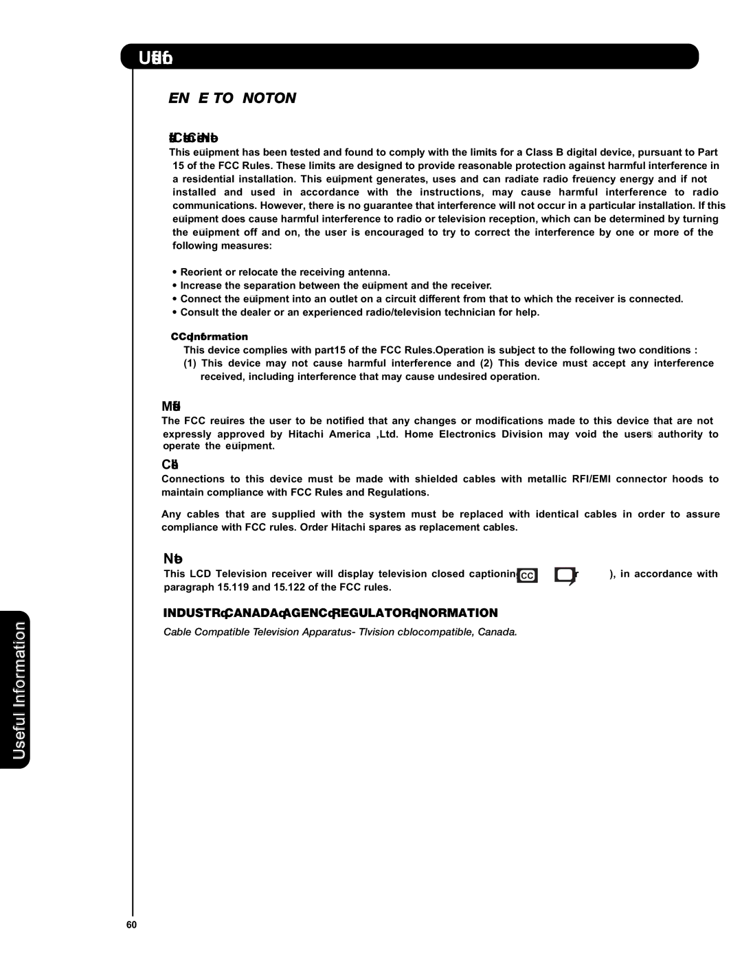 Hitachi L47S601 important safety instructions Useful Info, FCC Information 