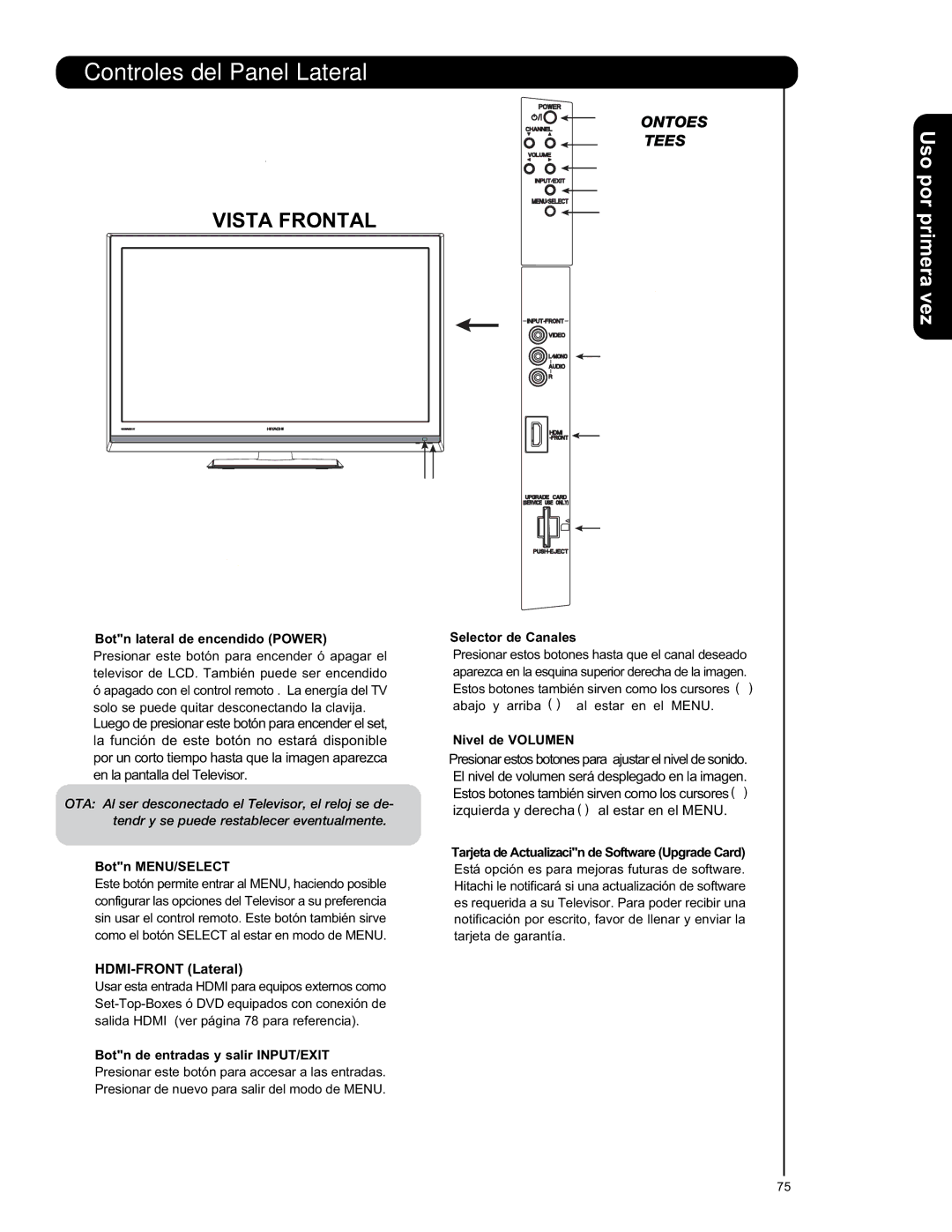 Hitachi L47S601 important safety instructions Botón lateral de encendido Power Selector de Canales, Botón MENU/SELECT 