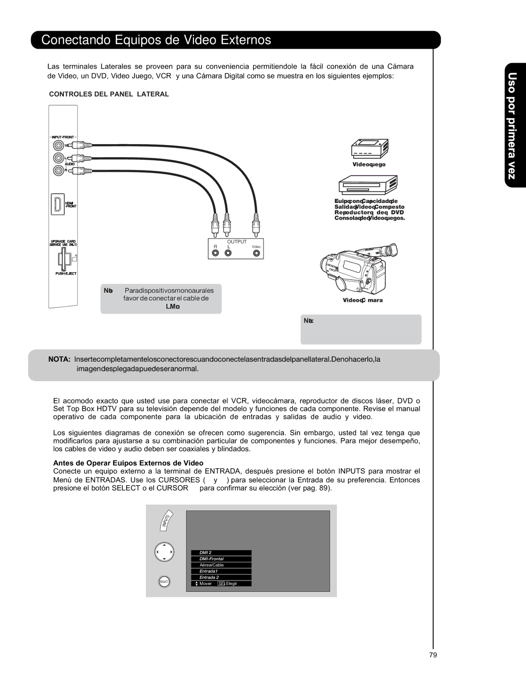 Hitachi L47S601 important safety instructions Uso por primera, Antes de Operar Equipos Externos de Video 