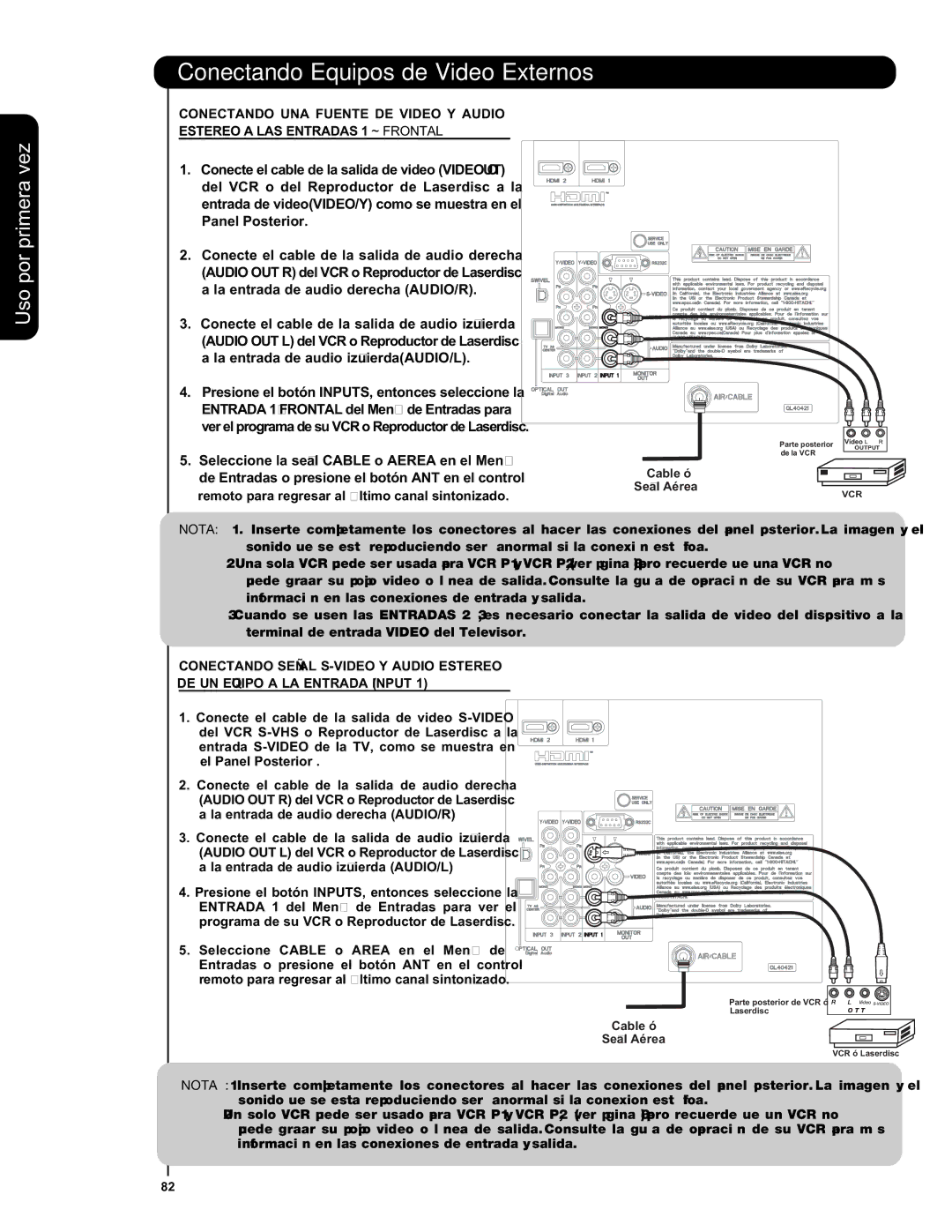 Hitachi L47S601 important safety instructions Cable ó Señal Aérea 