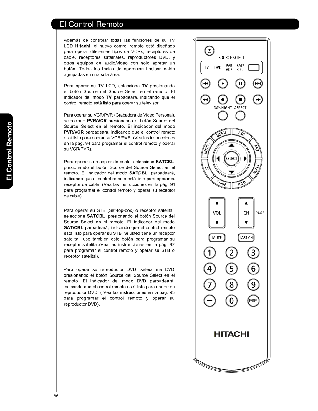 Hitachi L47S601 important safety instructions El Control Remoto 