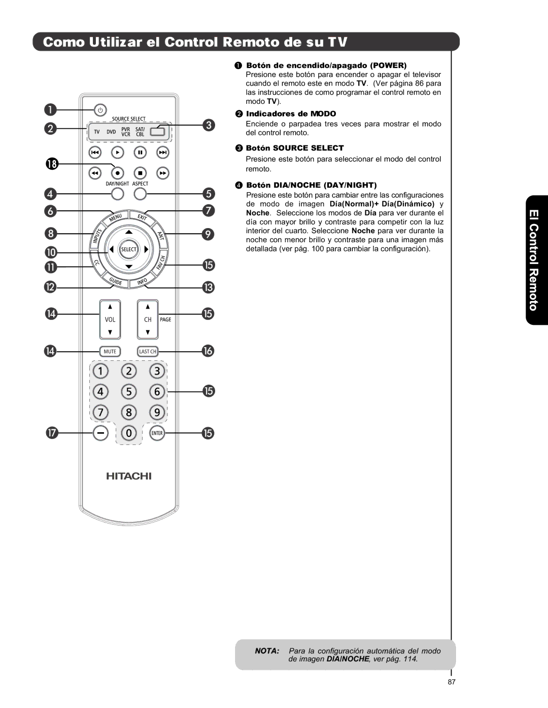 Hitachi L47S601 Botón de encendido/apagado Power, Botón Source Select, Botón DIA/NOCHE DAY/NIGHT 