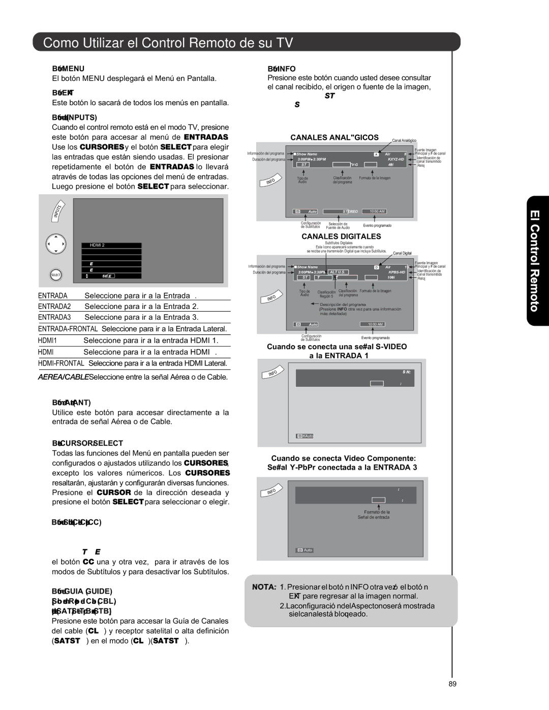 Hitachi L47S601 important safety instructions Canales Digitales 