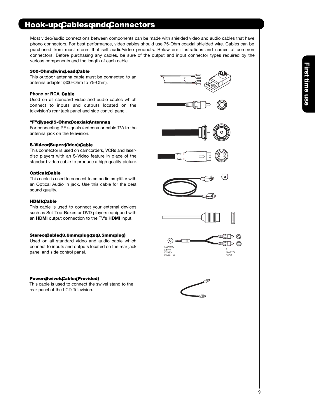 Hitachi L47S601 important safety instructions Hook-up Cables and Connectors, Time use 