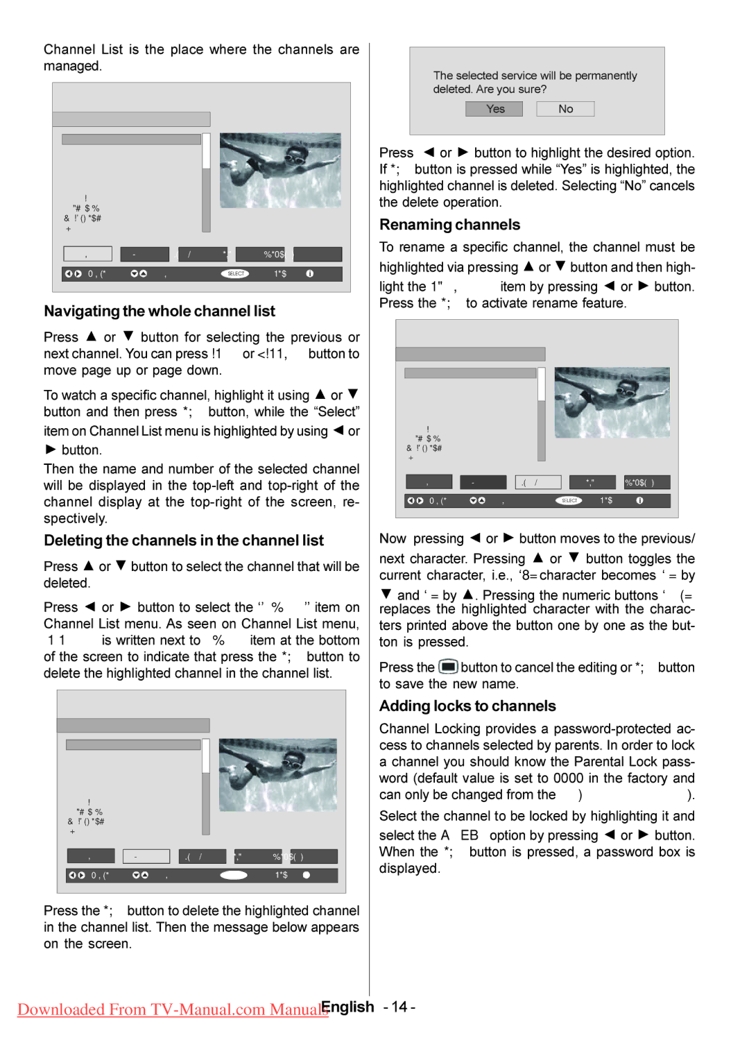 Hitachi L47VP01U manual Navigating the whole channel list, Deleting the channels in the channel list, Renaming channels 