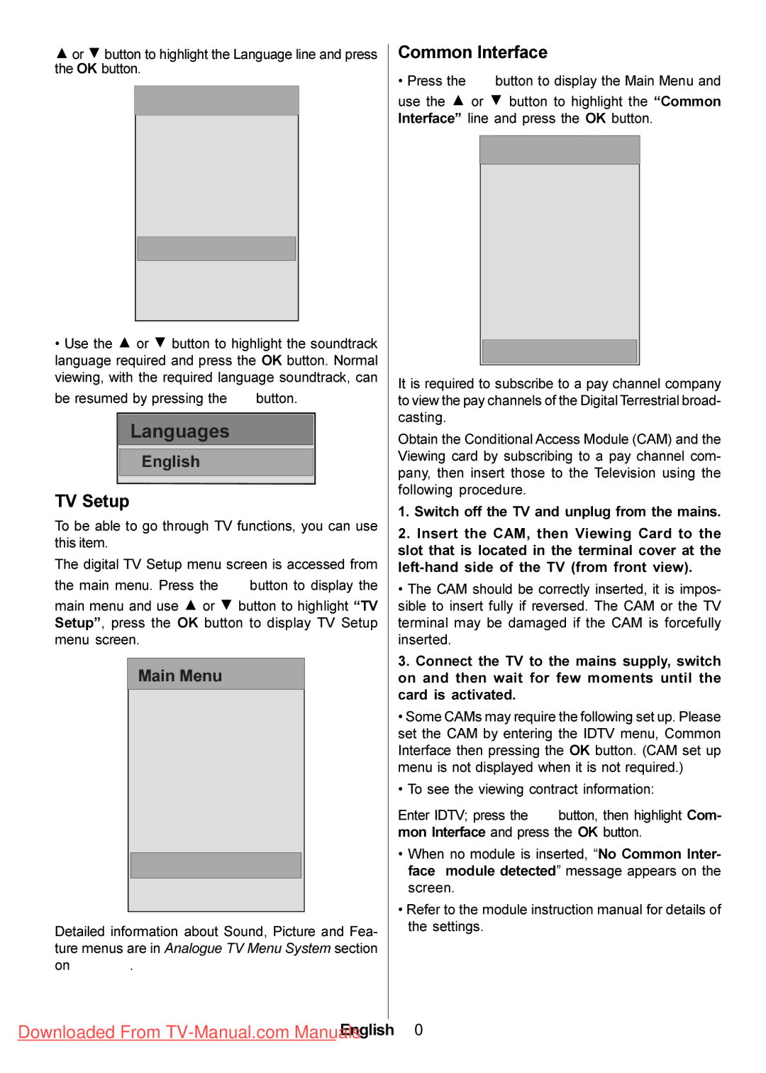 Hitachi L47VP01U manual TV Setup, Common Interface, Or button to highlight the Language line and press 