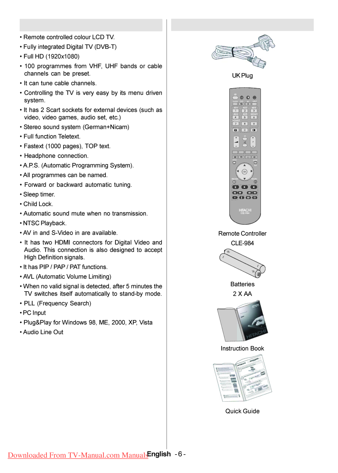 Hitachi L47VP01U manual Features, Accessories 