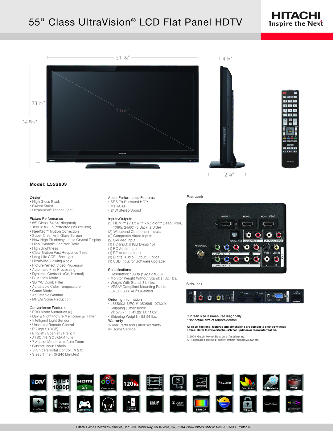 Hitachi L55S603 dimensions Class UltraVision LCD Flat Panel Hdtv, 34 13/16, 54.64 12 1/4, Mts/Sap 