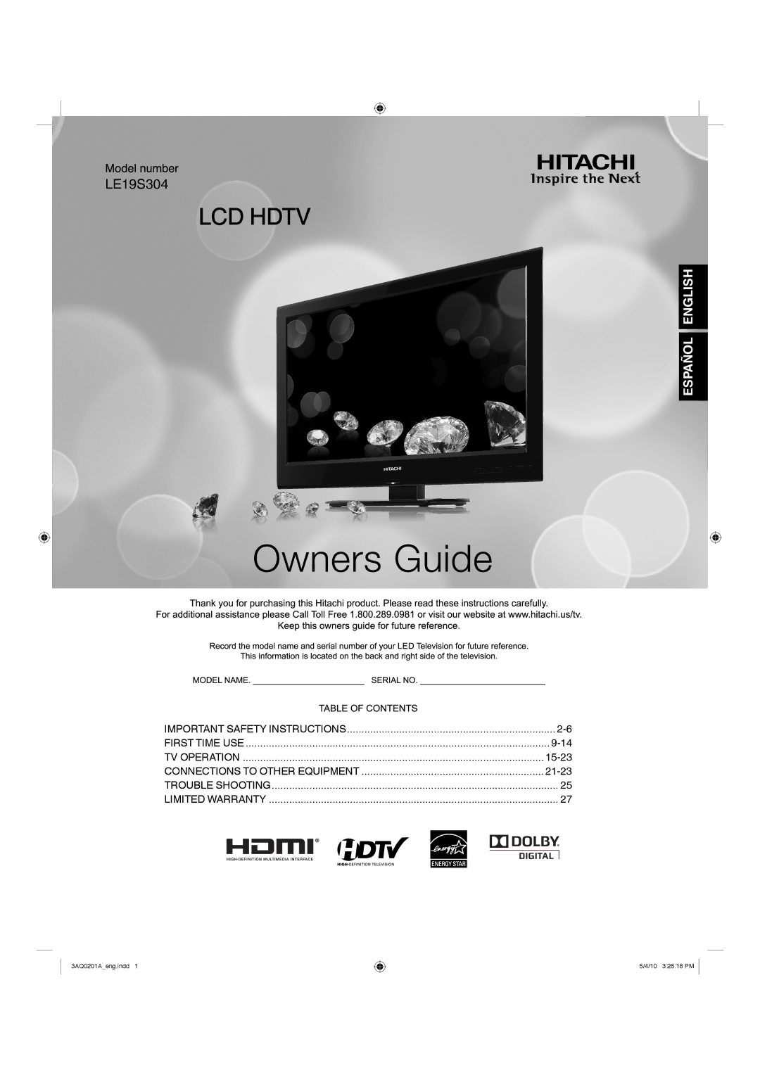 Hitachi LE19S304 important safety instructions LCD Hdtv 