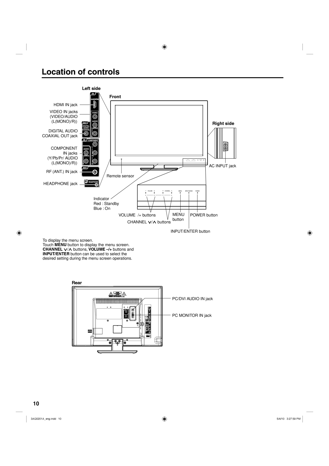 Hitachi LE19S304 Location of controls, Left side Front, Right side, Rear, PC/DVI Audio in jack PC Monitor in jack 