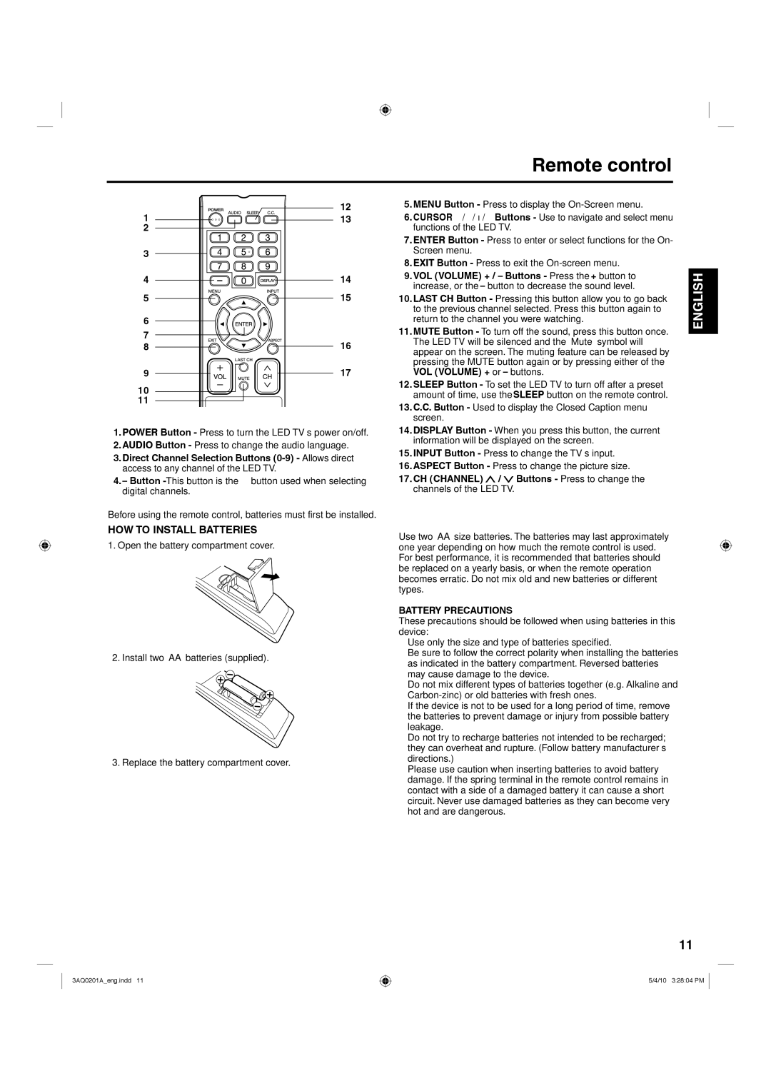 Hitachi LE19S304 Remote control, CH Channel / Buttons Press to change, Channels of the LED TV, Battery Precautions 