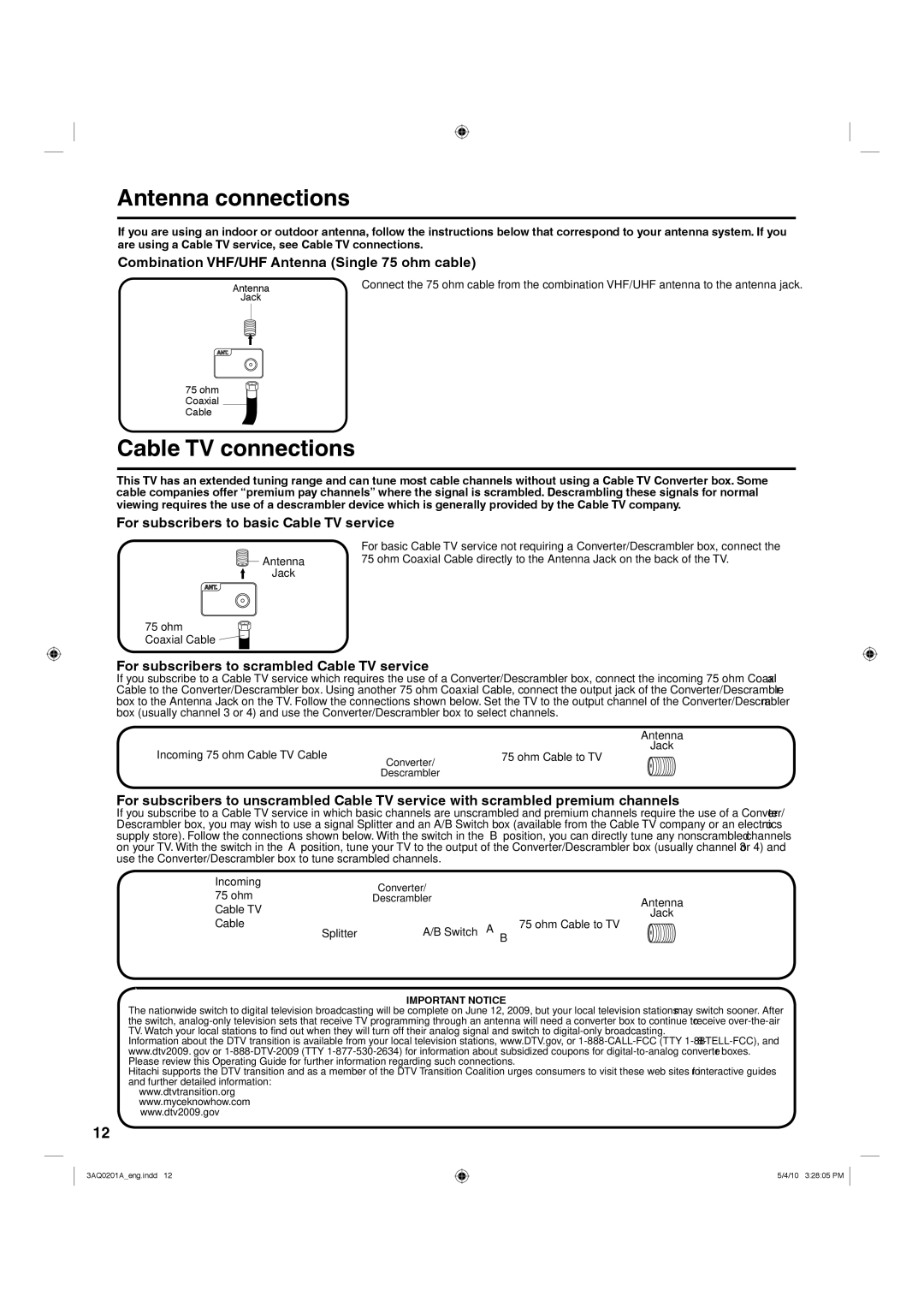 Hitachi LE19S304 important safety instructions Antenna connections, Cable TV connections, Ohm Cable to TV Jack, ohm Antenna 