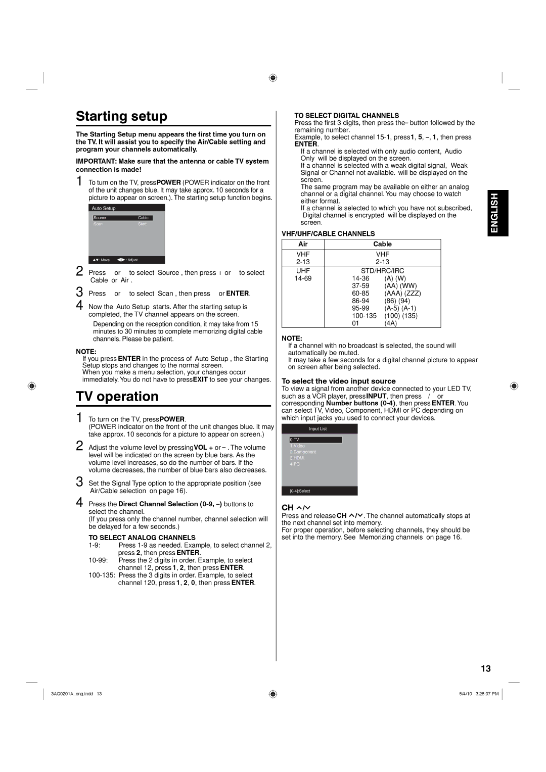 Hitachi LE19S304 To select the video input source, To Select Analog Channels, To Select Digital Channels, Enter 