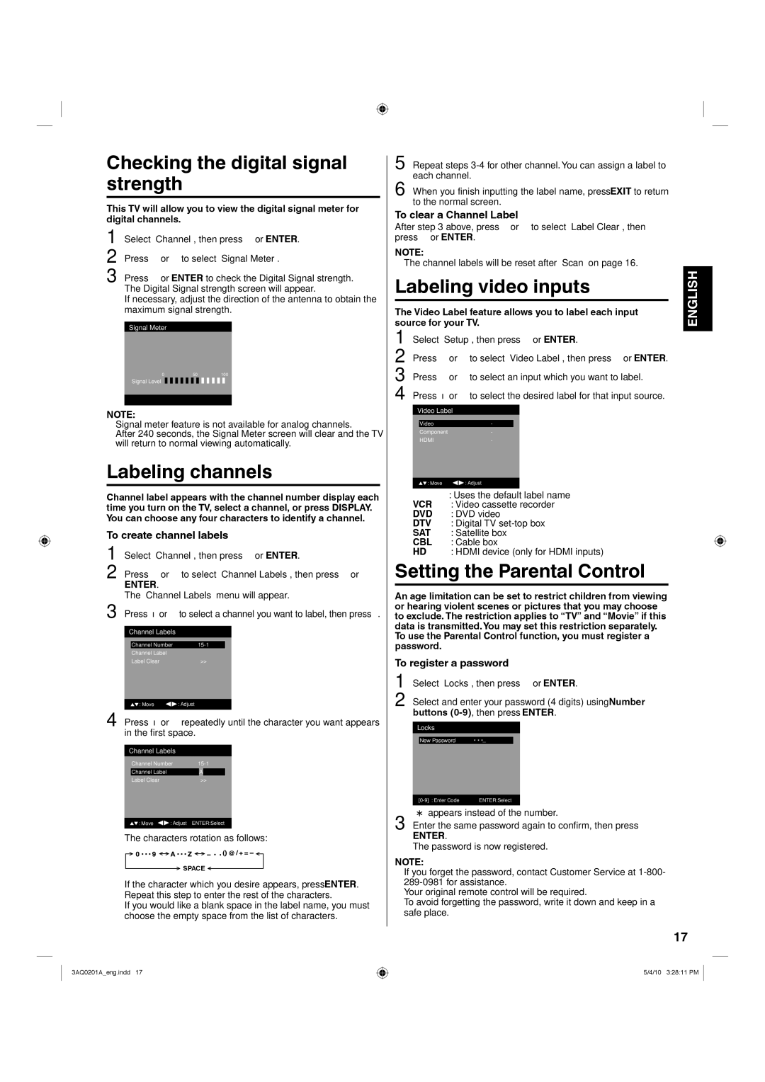 Hitachi LE19S304 Checking the digital signal strength, Labeling channels, Labeling video inputs 