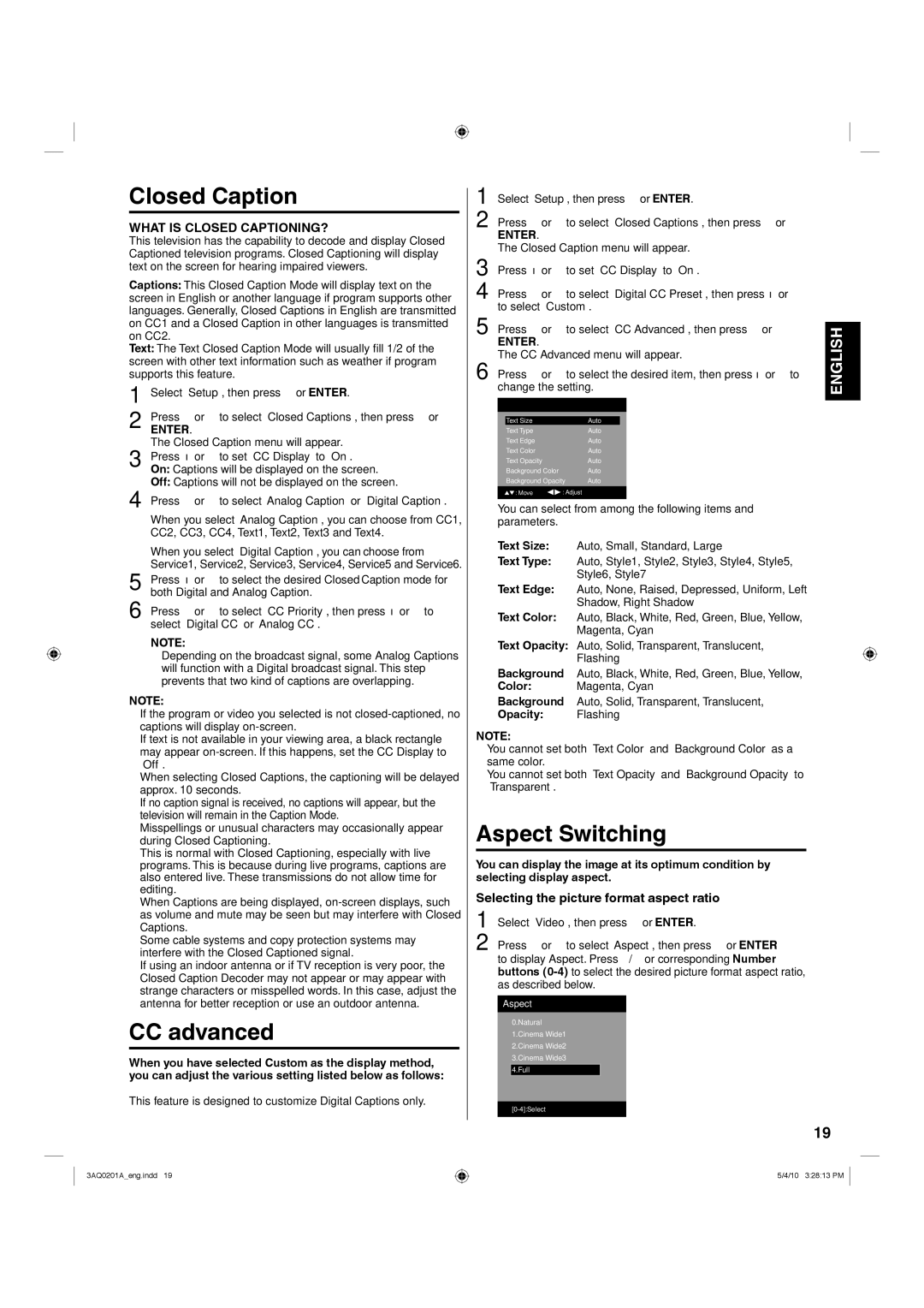 Hitachi LE19S304 important safety instructions Closed Caption, CC advanced, Aspect Switching, Opacity Flashing 