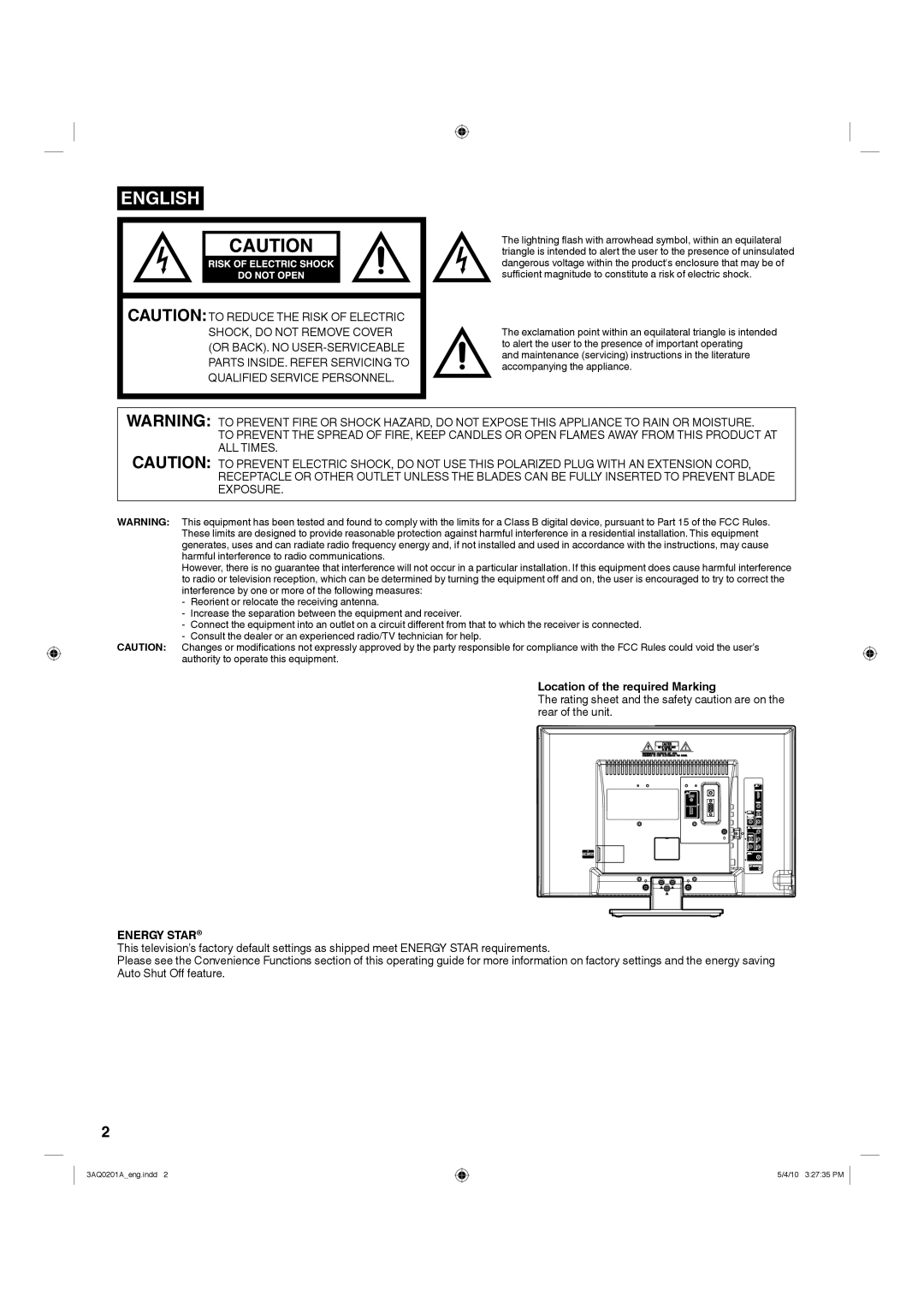 Hitachi LE19S304 important safety instructions Location of the required Marking, Energy Star 