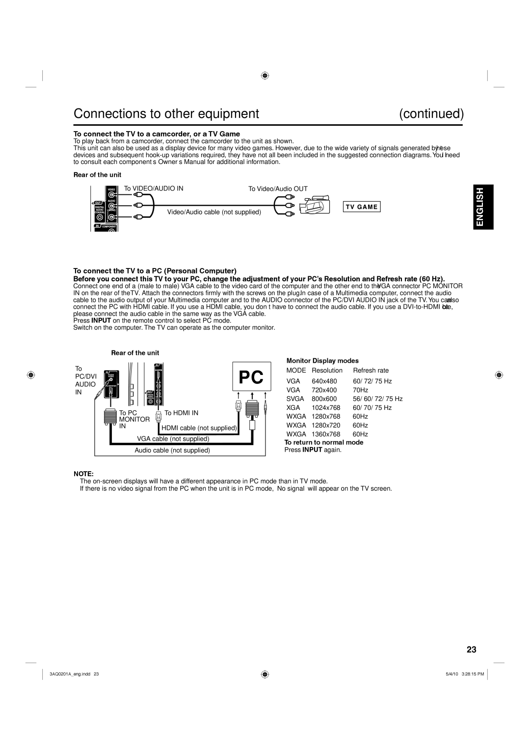 Hitachi LE19S304 To connect the TV to a camcorder, or a TV Game, Monitor Display modes, To return to normal mode 