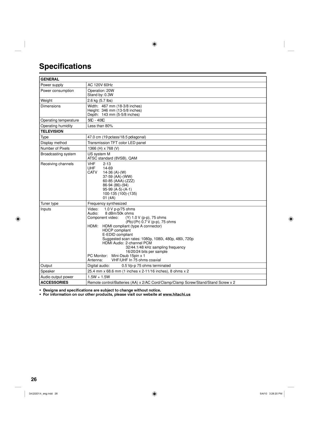 Hitachi LE19S304 important safety instructions Specifications, General, Television, Accessories 