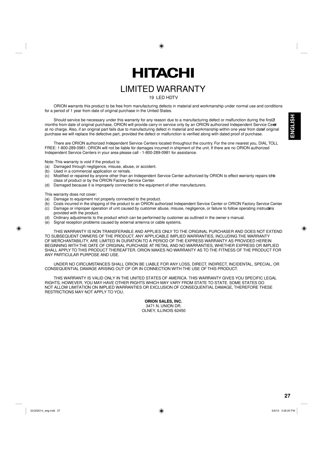 Hitachi LE19S304 important safety instructions Orion SALES, INC, 3471 N. Union DR 