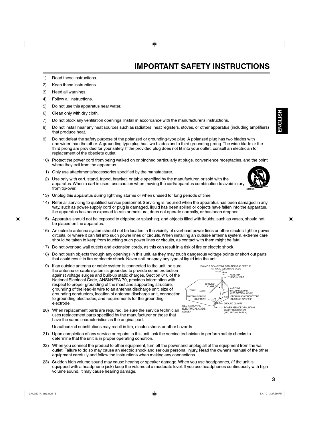 Hitachi LE19S304 important safety instructions Important Safety Instructions 