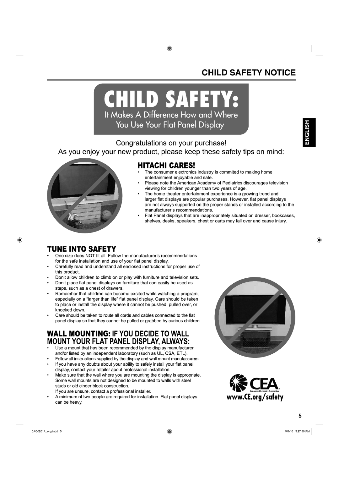 Hitachi LE19S304 important safety instructions Child Safety Notice 