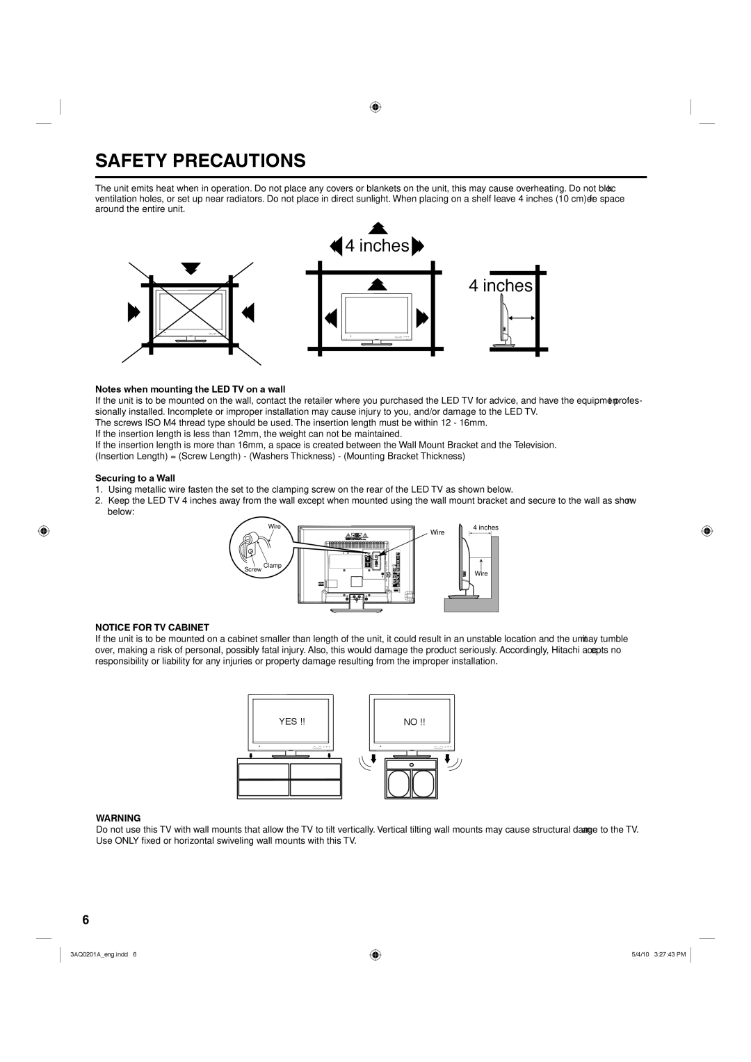 Hitachi LE19S304 important safety instructions Safety Precautions, Securing to a Wall 