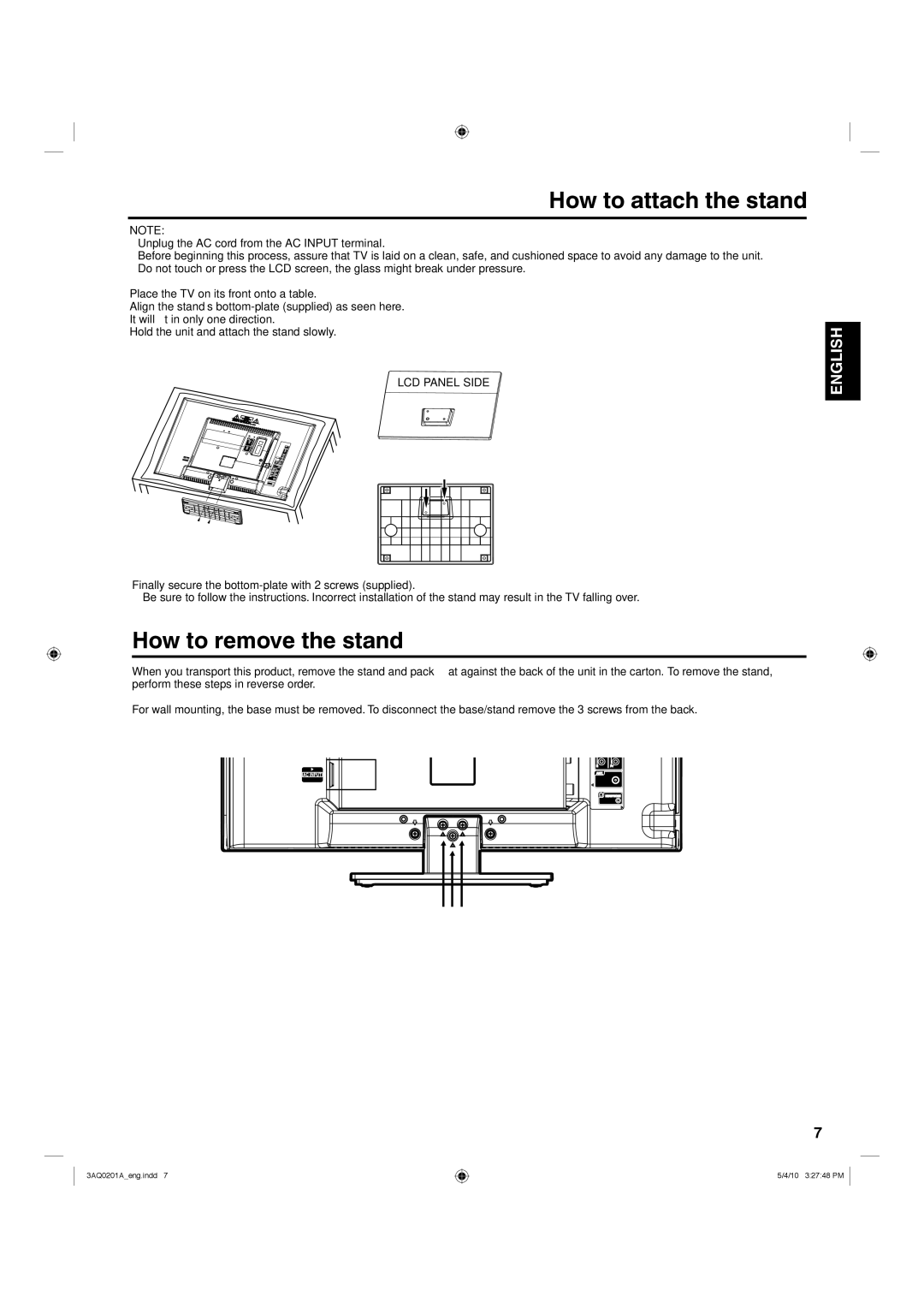 Hitachi LE19S304 important safety instructions How to attach the stand, How to remove the stand 