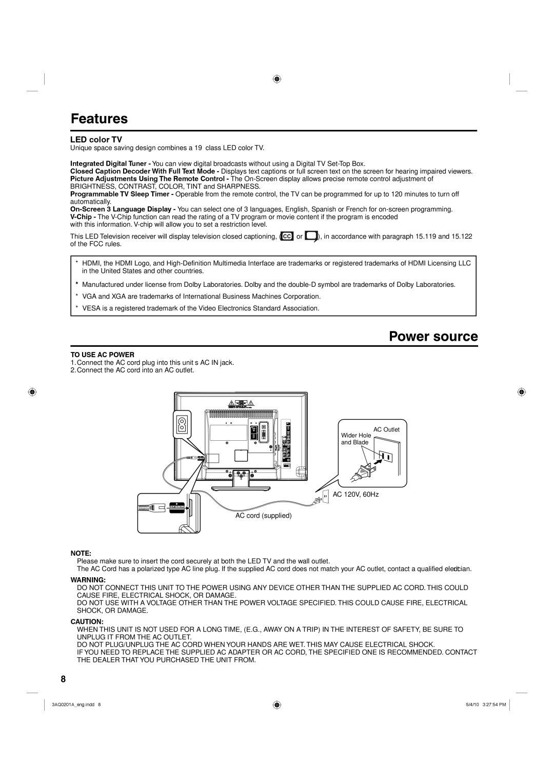 Hitachi LE19S304 important safety instructions Features, Power source, To USE AC Power 