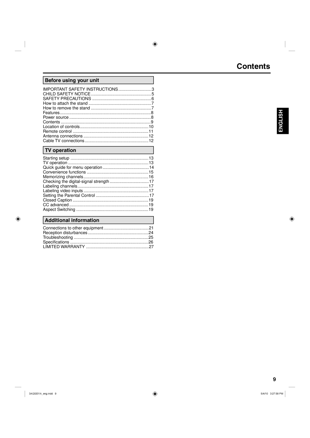 Hitachi LE19S304 important safety instructions Contents, Before using your unit 