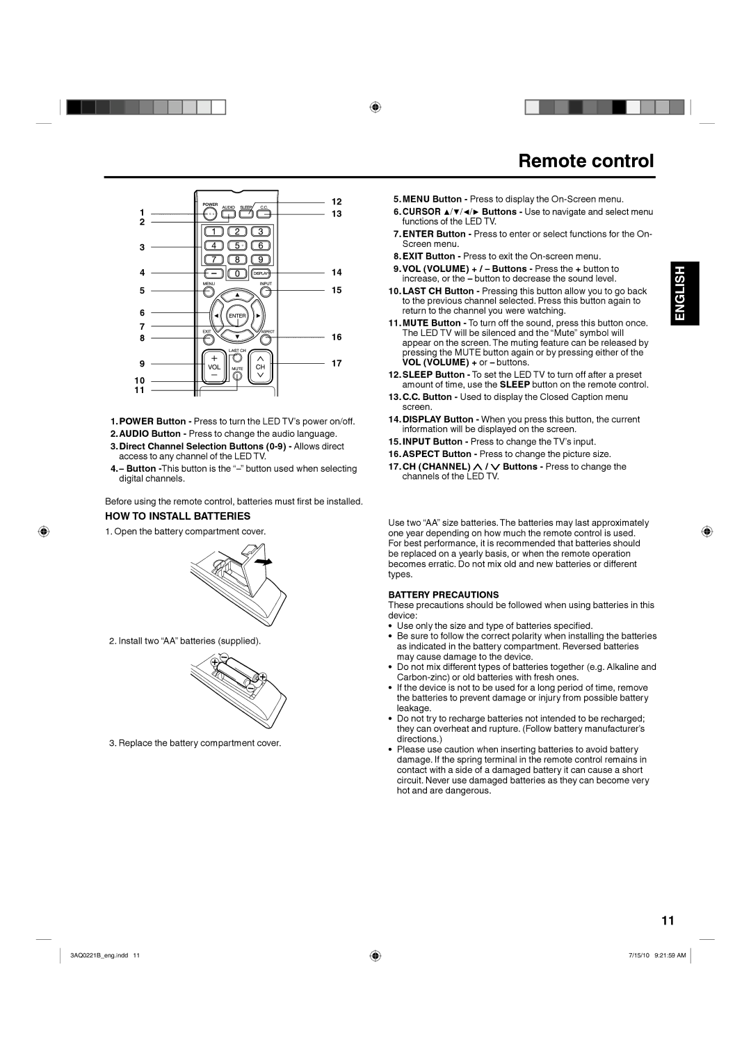 Hitachi LE19S314 Remote control, CH Channel / Buttons Press to change, Channels of the LED TV, Battery Precautions 