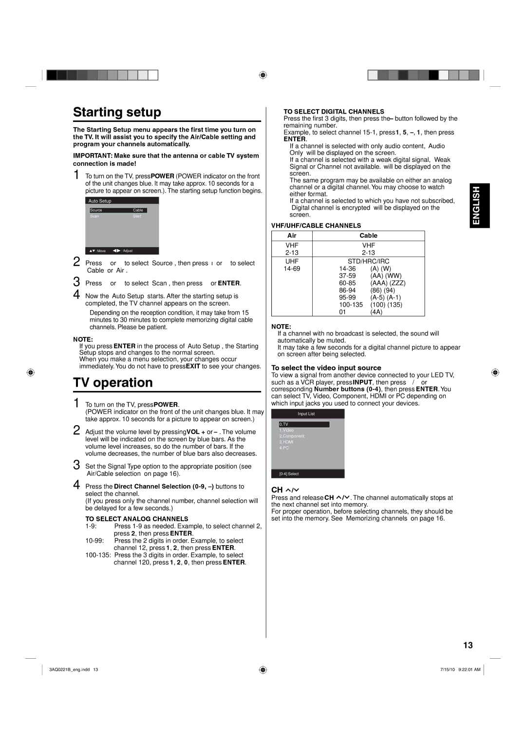 Hitachi LE19S314 To select the video input source, To Select Analog Channels, To Select Digital Channels, Enter 