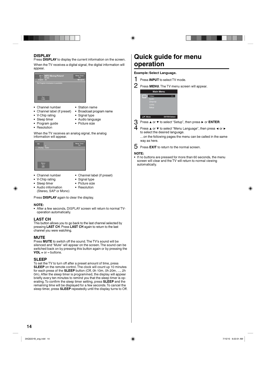 Hitachi LE19S314 important safety instructions Quick guide for menu operation, Example Select Language 