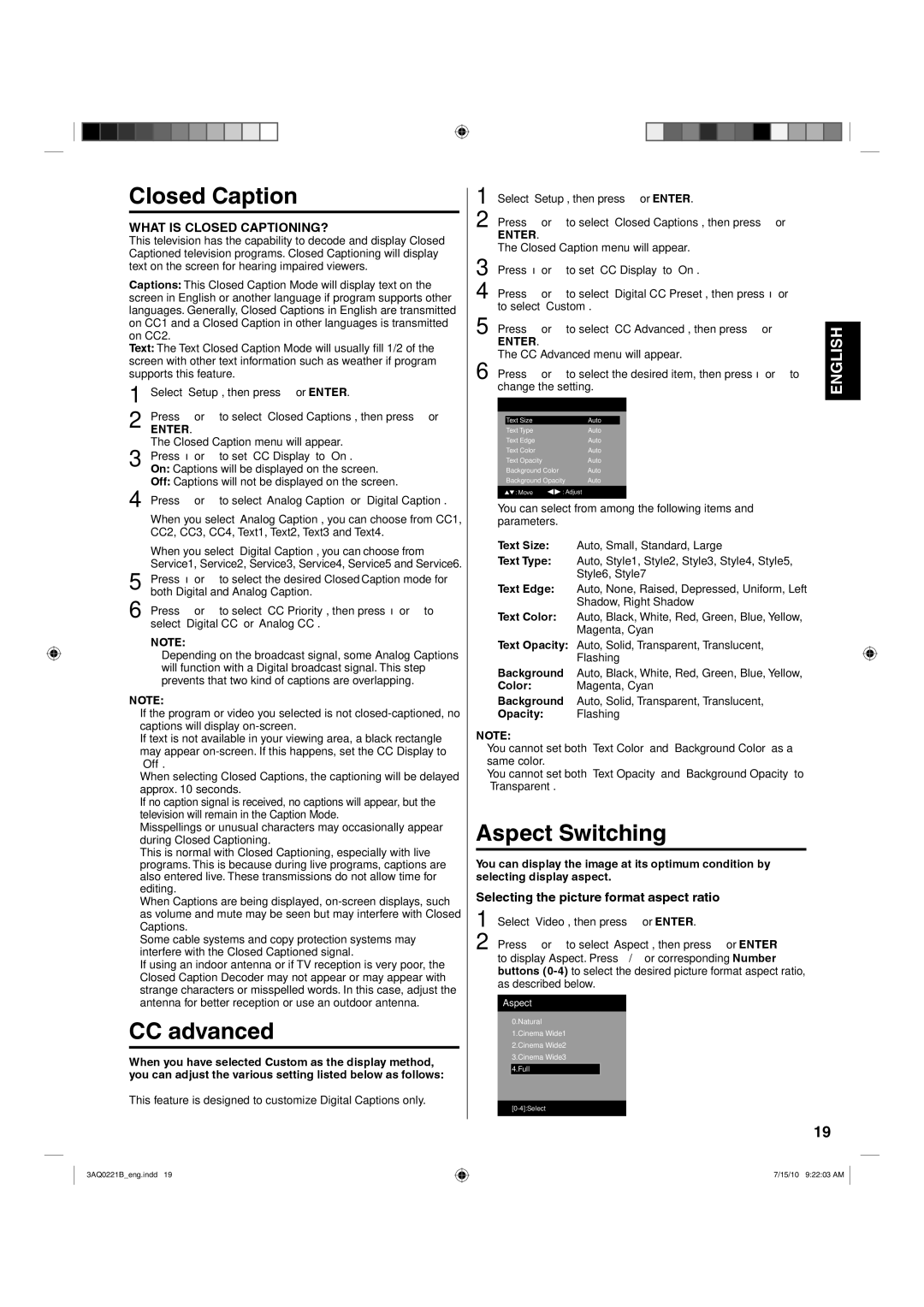 Hitachi LE19S314 important safety instructions Closed Caption, CC advanced, Aspect Switching, Opacity Flashing 