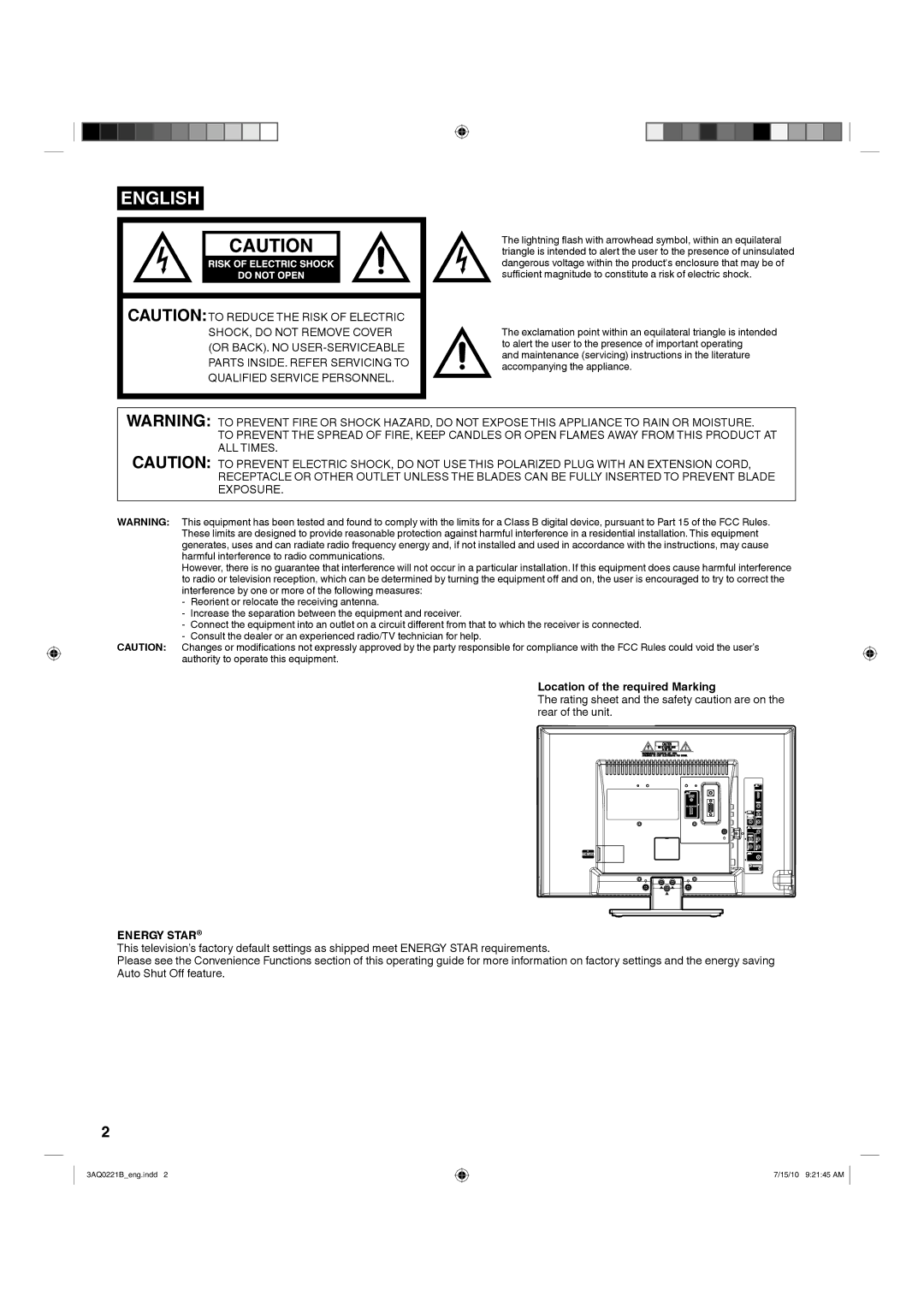 Hitachi LE19S314 important safety instructions Location of the required Marking, Energy Star 