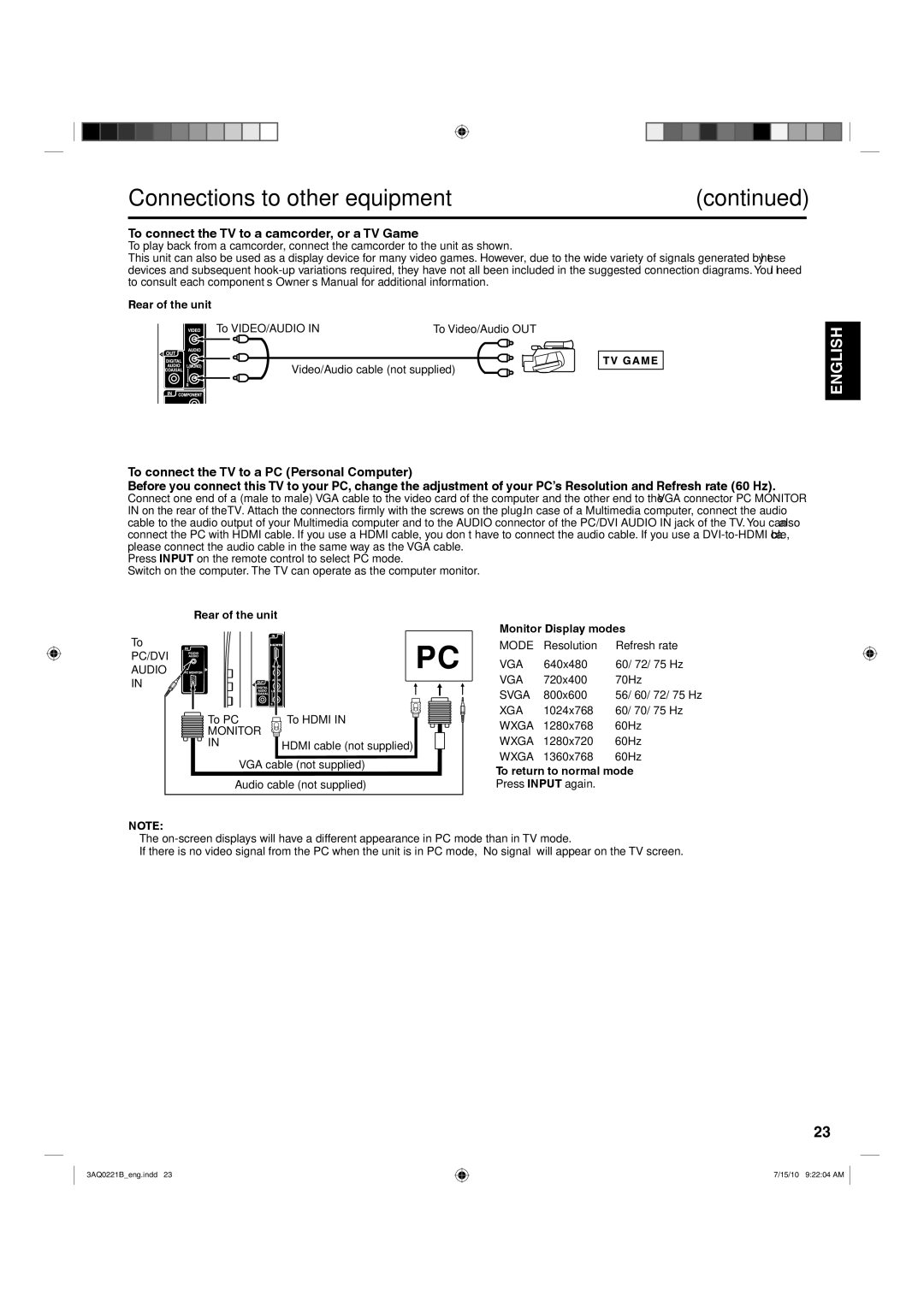 Hitachi LE19S314 To connect the TV to a camcorder, or a TV Game, Monitor Display modes, To return to normal mode 